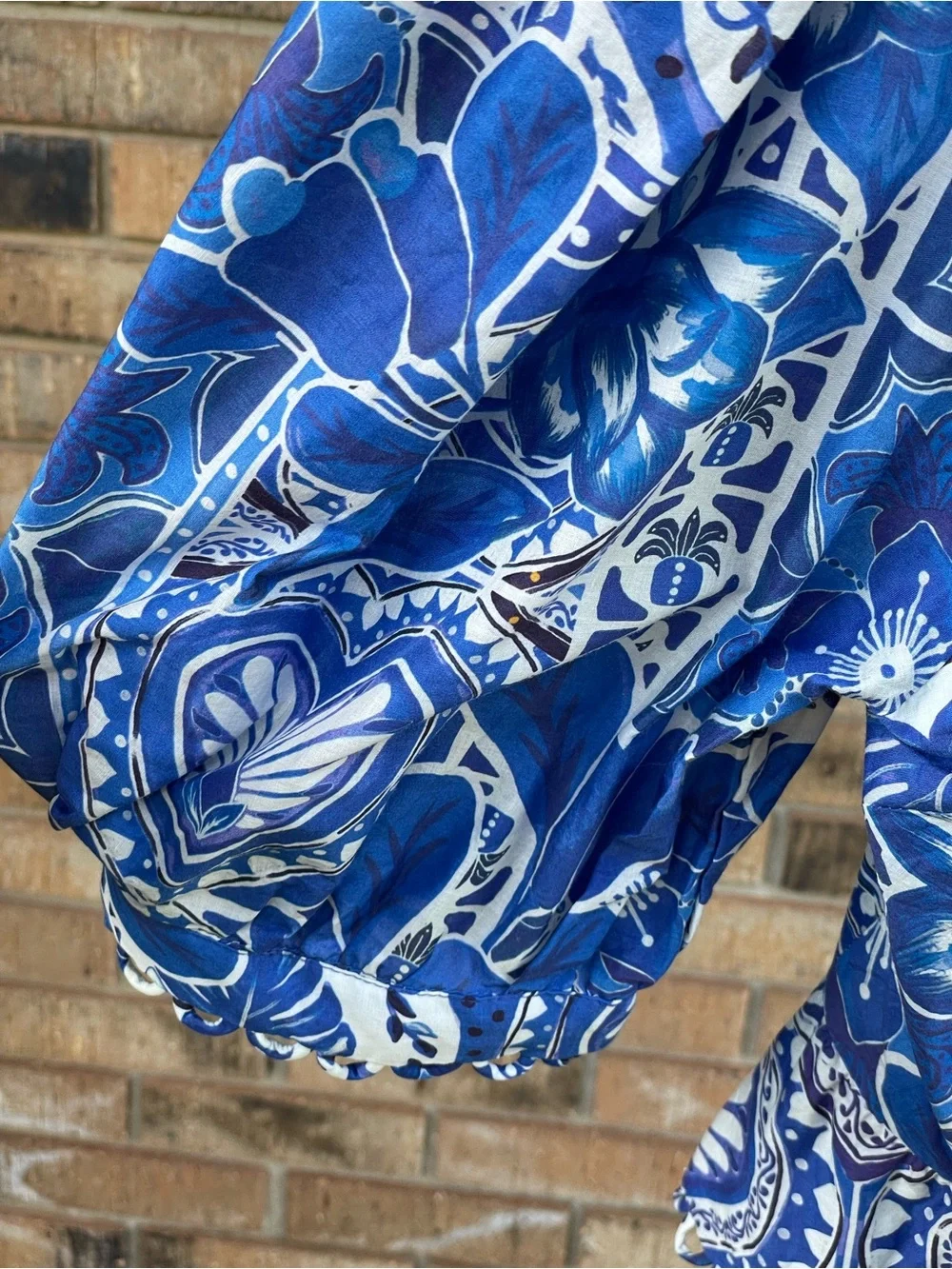 Farm Rio Tile Dream Short Sleeve Blouse Blue White Large